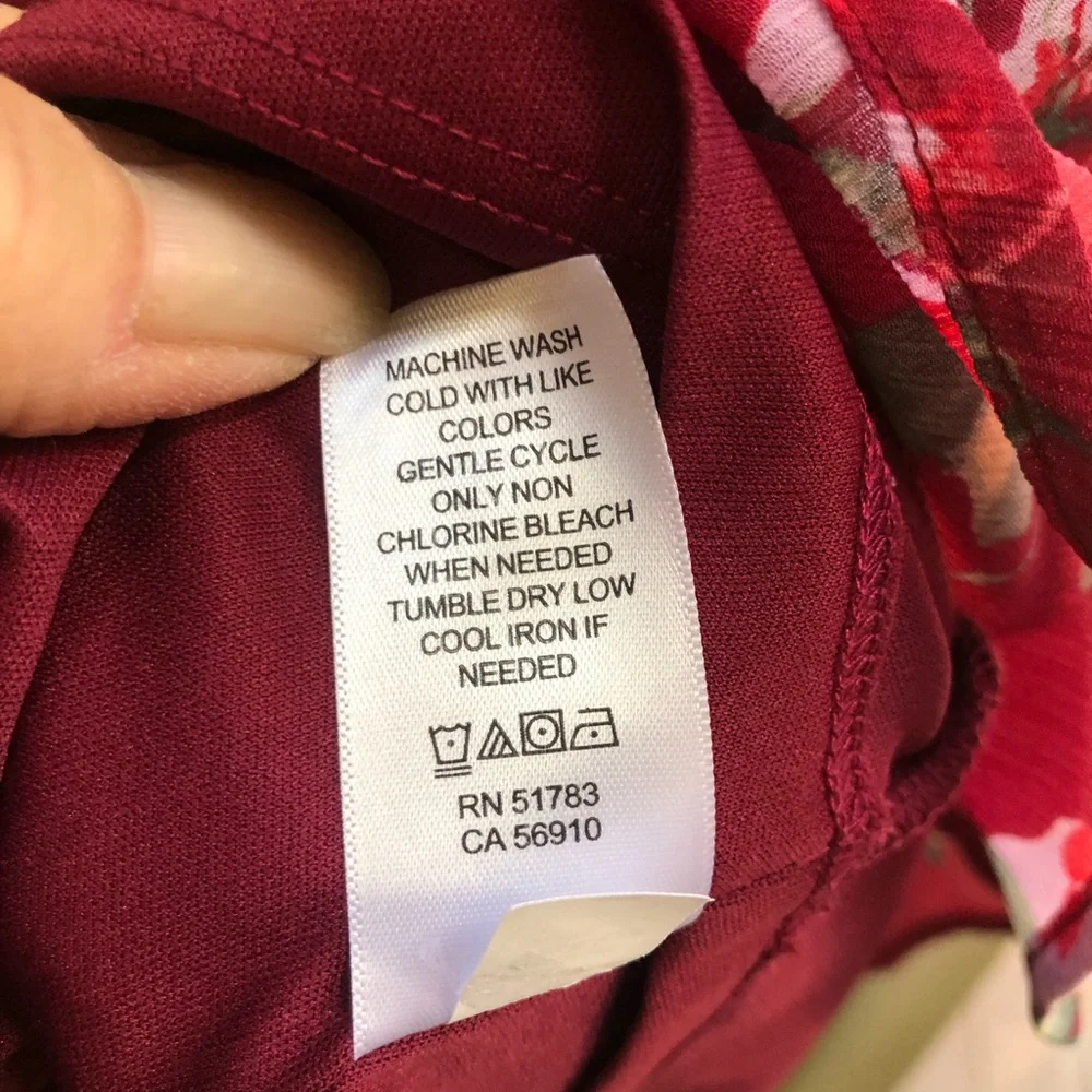 Maurices Burgundy Floral Wrap Looking Top with Frilly Sleeves - Picture 4 of 6